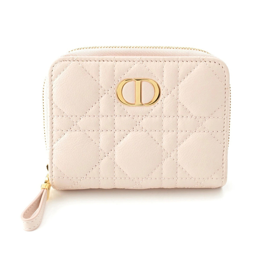 Christian Dior Cannage Leather Round Zip Long Wallet Pink Gold